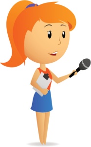 Cartoon girl female reporter holding microphone